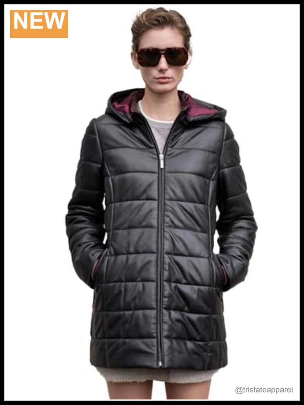 Women's Real Lambskin Leather Puffer Jacket With Removable Hood